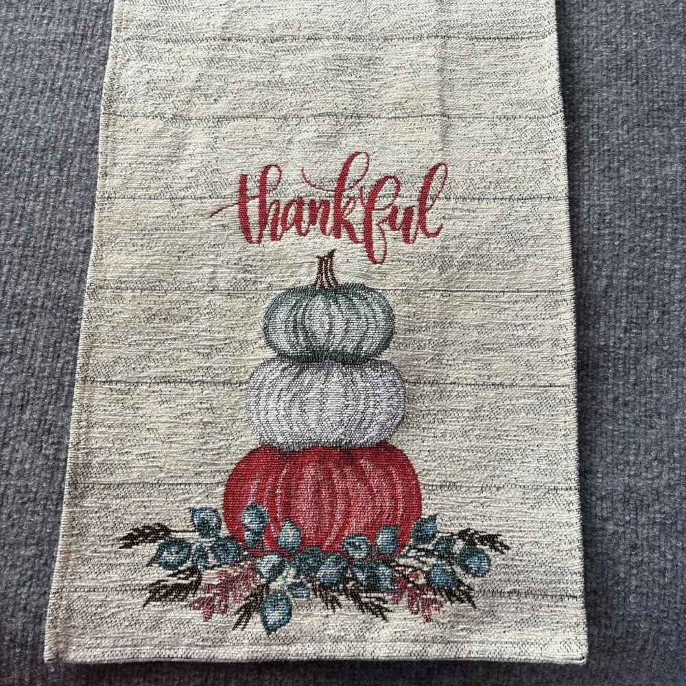 Thankful Fall Harvest Table Runner 69x13‎ Pumpkins Woven Tapestry Farmhouse Cozy